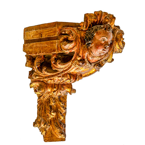 Sub.:12 - Lote: 1349 -  Mensula en madera tallada, dorada y policromada de s. XVII.