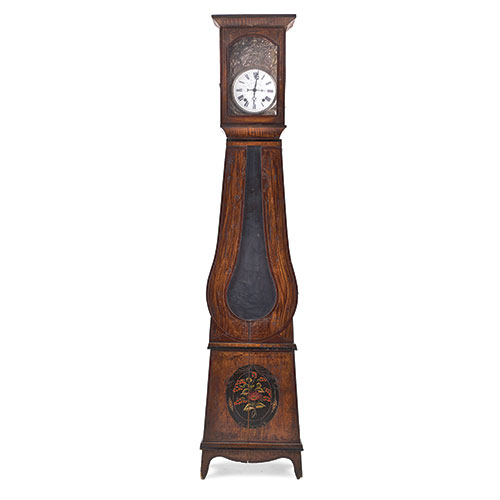 Sub.:13-On - Lote: 1144 -  Reloj de caja alta con pndulo en madera patinada con decoracin floral pintada, finales s. XIX