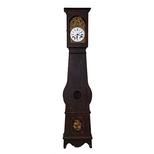 Sub.:13-On - Lote: 1156 -  Reloj de caja alta en madera patinada con decoracin en el cuerpo y ramo de flores pintado en el cuerpo inferior