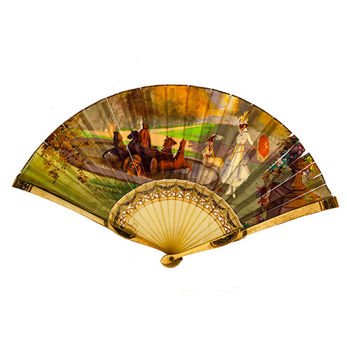 Sub.:14-On - Lote: 1488 -  Abanico con varillaje de �mbar y padrones de hueso con cenefa floral decorativa, pa�s de seda pintada con escena cotidiana