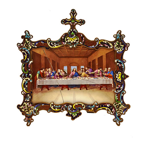 Sub.:14-On - Lote: 1370 -  Placa de porcelana de La �ltima Cena de Leonardo da Vinci con marco de cloisson�