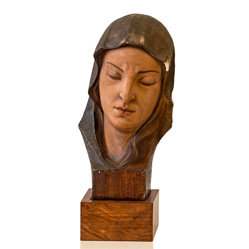 Sub.:14-On - Lote: 1573 -  Cabeza de Virgen en estuco policromada y base de madera
