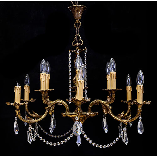 Sub.:14-On - Lote: 263 -  L�mpara de techo en bronce y cristal de doce luces. Con pinjantes de cristal.