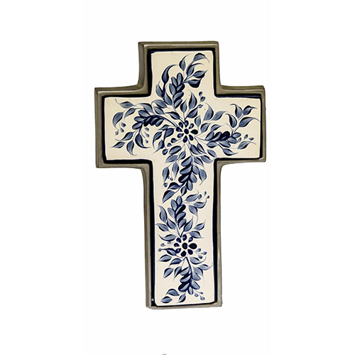 Sub.:14-On - Lote: 1308 -  Cruz en porcelana policromada con decoraci�n vegetal en azules. Con marco met�lico.