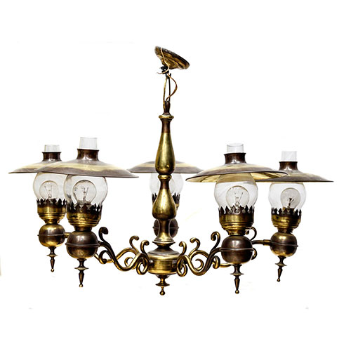 Sub.:14-On - Lote: 264 -  L�mpara de techo de cinco luces en lat�n con tulipas de cristal.