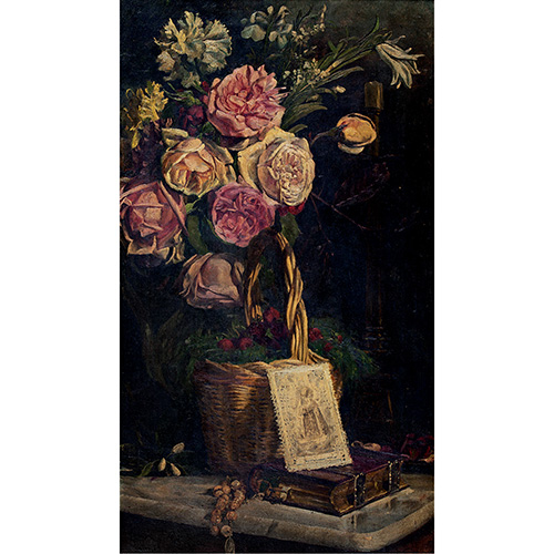 Sub.:14 - Lote: 25 - ESCUELA ESPAOLA, S. XIX Bodegn de flores con rosario y libro