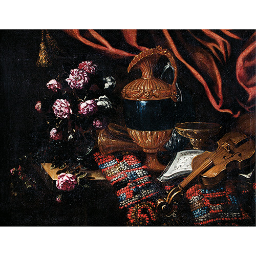 Sub.:14 - Lote: 1106 - CRCULO DE FRANCESCO FIERAVINO IL MALTESE (Malta, C.A. 1610 - Italia, 1670) Bodegn con jarrn de flores, objetos de bronce, instrumentos musicales y partitura sobre un pedestal con alfombra