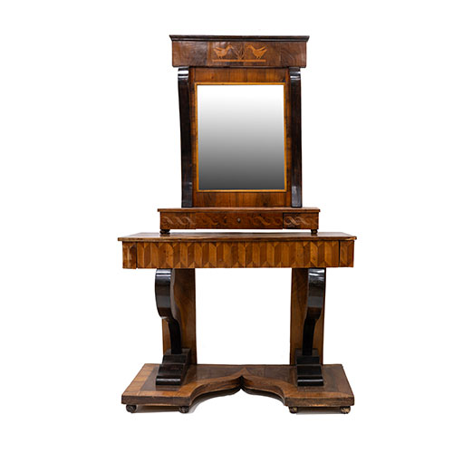 Sub.:15-Oc - Lote: 244 -  Consola con espejo en madera de nogal con marqueter�a geom�trica en el caj�n de la consola y taracea con patos en la cornisa del espejo