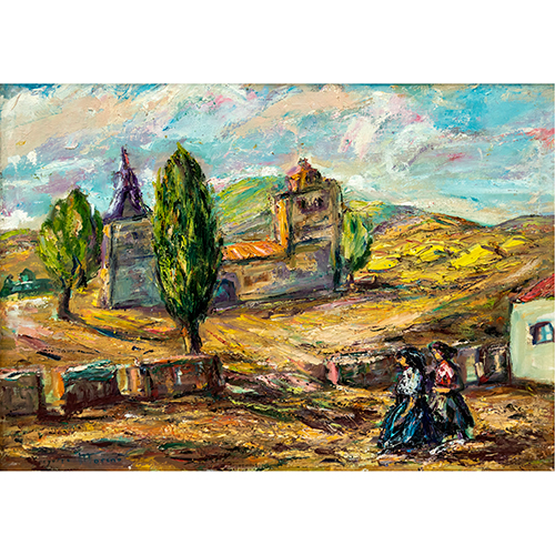 Sub.:16-Oc - Lote: 125 - GREGORIO MORENO (Madrid, 1907-) Paisaje con iglesias y personajes.