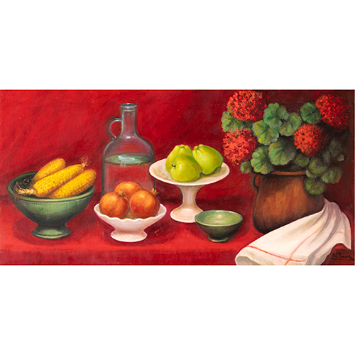 Sub.:16-Oc - Lote: 121 - MARIA PILAR TENA Bodeg�n con frutas con fondo rojo