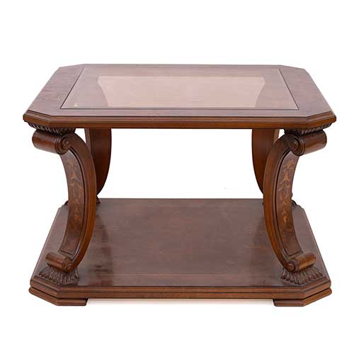 Sub.:17-Oc - Lote: 256 -  Mesa en madera de ra�z con marqueter�a y tapa con cristal.