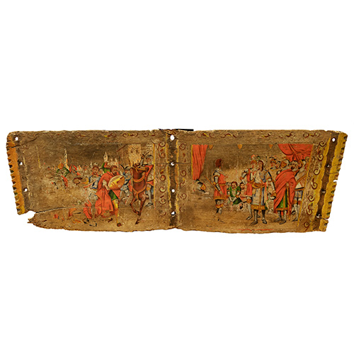 Sub.:17 - Lote: 1300 -  Tabla de madera con representacin policromada de una batalla.