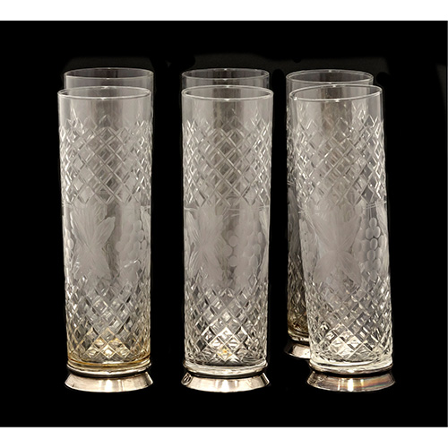 Sub.:17 - Lote: 1355 -  6 vasos de cristal tallado con base de plata
