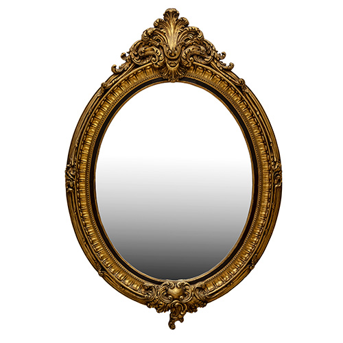 Sub.:17 - Lote: 1268 -  Espejo ovalado realizado en pasta prensada en dorado con copete superior.