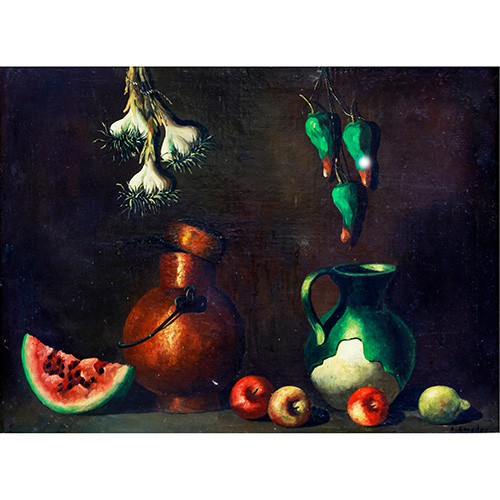 Sub.:17 - Lote: 1065 - ANTONIO AMODEO (SEVILLA, 1928 - 2012) Bodegn con vasijas y piezas de fruta