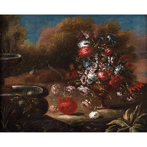 Sub.:17 - Lote: 1102 - SEGUIDOR DE GASPARO LPEZ, S. XVIII Jarrn con flores y fuente en un paisaje