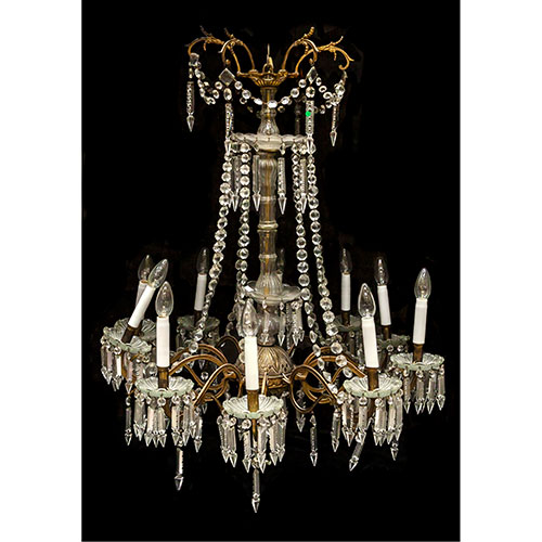 Sub.:18 - Lote: 1329 -  L�mpara de techo de 10 luces en bronce y cristal con cristales pinjantes.