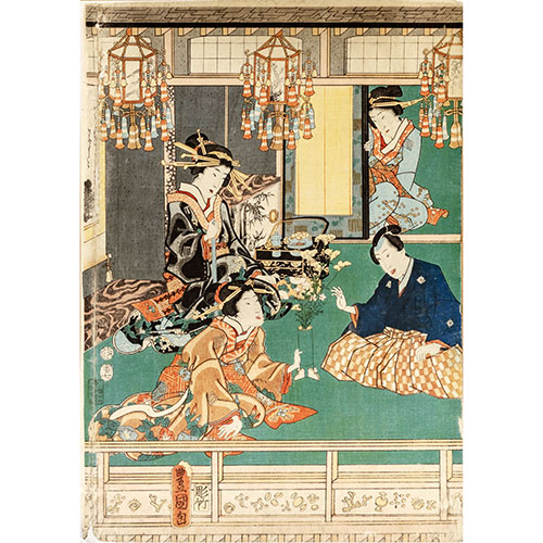 Sub.:18 - Lote: 23 - UTAGAWA KUNISADA, TOYOKUNI III, (Edo, Japn, 1786-1864) Genji y su hijo se divierten con Oirans en el saln de Kagetsu