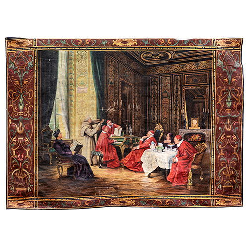 Sub.:18 - Lote: 1371 -  Tapiz pintado representando sal�n de m�sica con orla de modelos renacentistas.