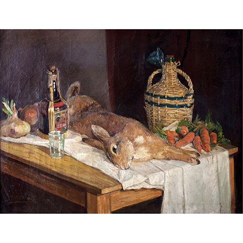 Sub.:18 - Lote: 88 - JESS APELLNIZ (Vitoria 1898-1969) Bodegn de caza con hortalizas y garrafa de mimbre