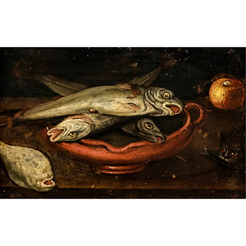 Sub.:19 - Lote: 1078 - CIRCULO DE FERDINAND VAN KESSEL (1648 - 1696) Bodegn de peces y gato