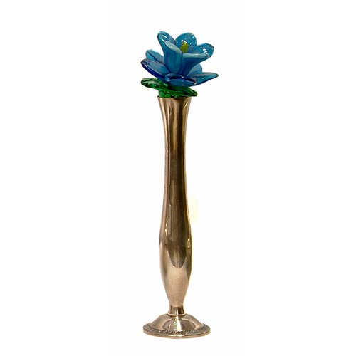 Sub.:2-On - Lote: 1424 -  Violetero en metal plateado con flor en cristal de Murano azul y verde.