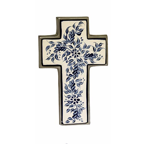 Sub.:2-On - Lote: 759 -  Cruz en porcelana policromada con decoracin vegetal en azules. Con marco metlico.