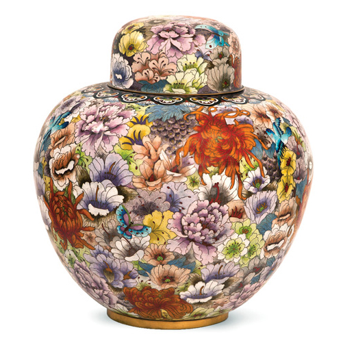 Sub.:2 - Lote: 177 -  Gran tibor chino en esmalte cloisonn con tapa. Con profusa decoracin floral polcroma por toda la pieza.