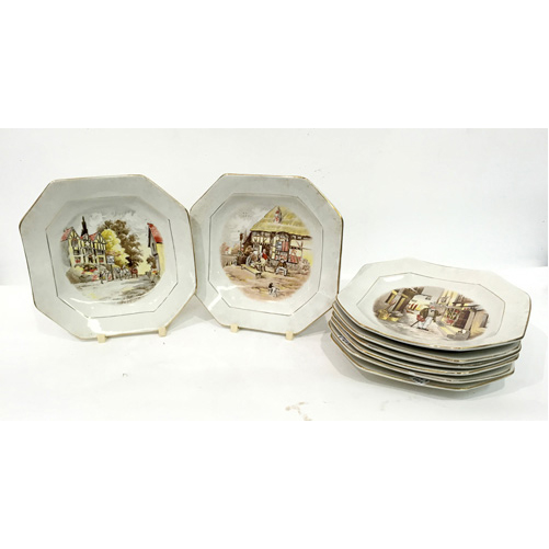 Sub.:2 - Lote: 1559 -  Lote de ocho platos octogonales en loza esmaltada de Pikman, con escenas inglesas en el asiento.