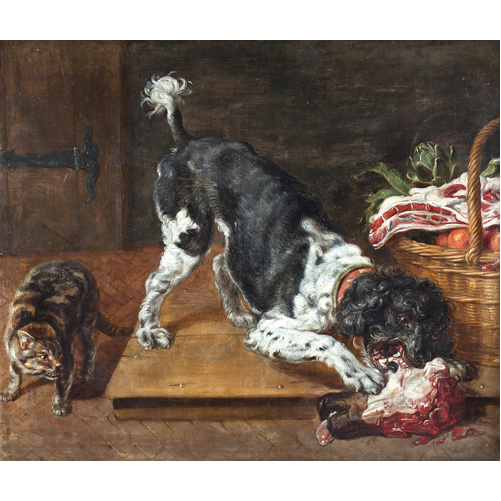 Sub.:2 - Lote: 102 - FRANS SNYDERS (Amberes,1579-1657) Y TALLER Bodegn de caza con perro y gato