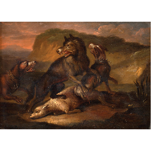 Sub.:2 - Lote: 103 - CRCULO DE ABRAHAM DANIELSZ HONDIUS (Rotterdam, 1625/30-Londres,1691) Escena de cacera con perros