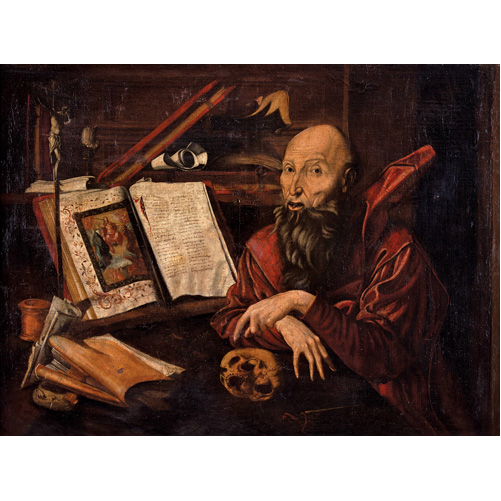 Sub.:2 - Lote: 105 - SEGUIDOR DE MARINUS VAN REYMERSWAELE (Reimerswaal (Zelanda, Paises Bajos), 1490 - Goes (Zelanda, Paises Bajos), 1567) San Jernimo en su estudio