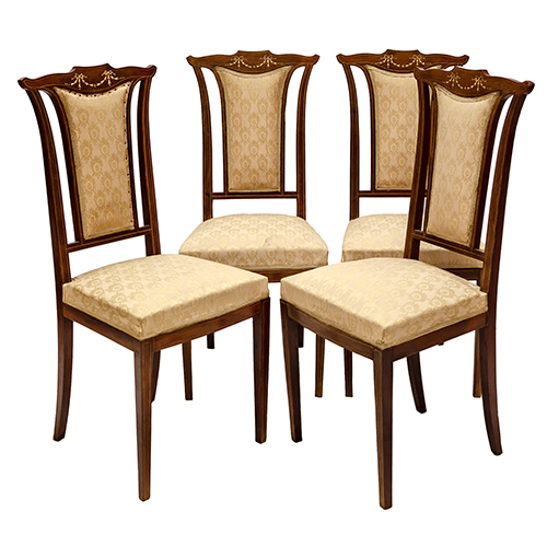 Sub.:20 - Lote: 207 -  Lote de cuatro sillas en caoba con marqueter�a. Ca. 1900.