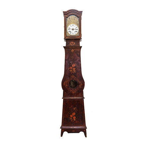 Sub.:20 - Lote: 1249 -  Reloj Moret con caja de madera pintada con motivos florales. Con pesas y pndulo.