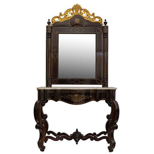 Sub.:20 - Lote: 1250 -  Consola de poca Reina Gobernadora con espejo, en madera de palosanto y marquetera metlica. S. XIX.