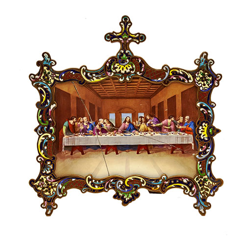 Sub.:21 - Lote: 1474 -  Placa de porcela con escena de La ltima Cena de Leonardo da Vinci con marco de cloisson. 