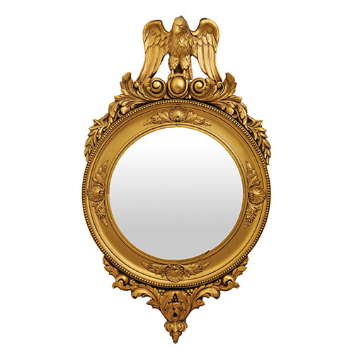 Sub.:21 - Lote: 246 -  Espejo estilo Regency convexo con marco redondo realizado en estuco con copete de �guila adornado con decoraci�n vegetal.