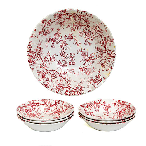 Sub.:21 - Lote: 1435 -  Recipiente de macedonia y seis boles realizados en porcelana Jonhson con temas vegetales y florales.