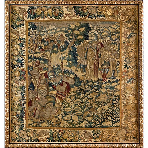 Sub.:22 - Lote: 1349 -  Fragmento de tapiz en lana, trabajo flamenco, c.1600, con orla floral. Con marco.