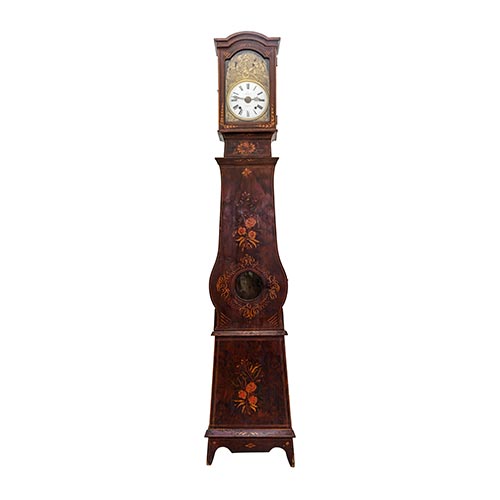 Sub.:22 - Lote: 1209 -  Reloj Moret con caja de madera pintada con motivos florales. Con pesas y pndulo.