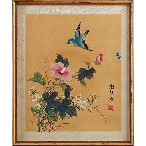 Sub.:22 - Lote: 130 -  Tres acuarelas japonesas pintadas sobre tela. Enmarcadas.