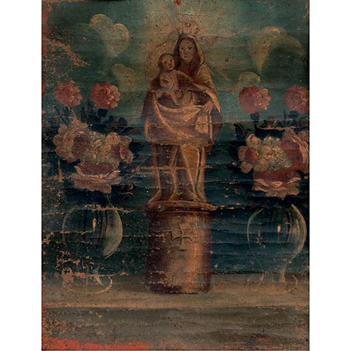 Sub.:22 - Lote: 56 - ESCUELA ARAGONESA (S. XIX) Virgen del Pilar con dos floreros con rosas