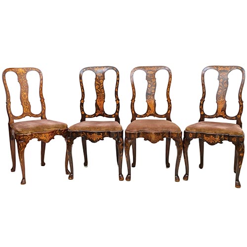 Sub.:22 - Lote: 234 -  Ocho sillas de respaldo alto con pala, decoradas con marqueter�a, Holanda. S.XIX.