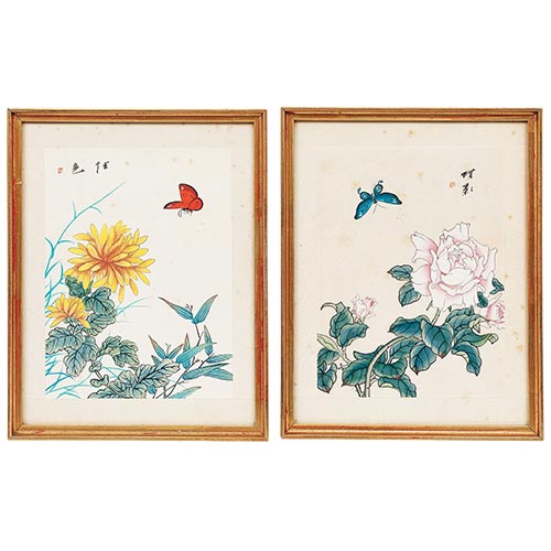 Sub.:22 - Lote: 116 -  Pareja de acuarelas japonesas con flores, enmarcados.