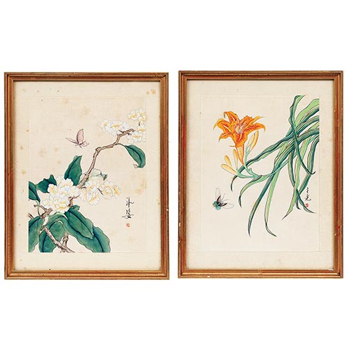 Sub.:22 - Lote: 117 -  Pareja de acuarelas japonesas con flores y mariposas, enmarcadas.