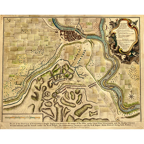 Sub.:23 - Lote: 1012 - Nicholas TINDAL (1687-1774); Isaac BASIRE (1704-1768) Plano de la batalla de Zaragoza en la Guerra de Sucesin