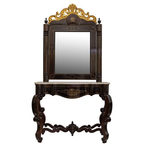 Sub.:23 - Lote: 368 -  Consola de poca Reina Gobernadora con espejo, en madera de palosanto y marquetera metlica. S. XIX.