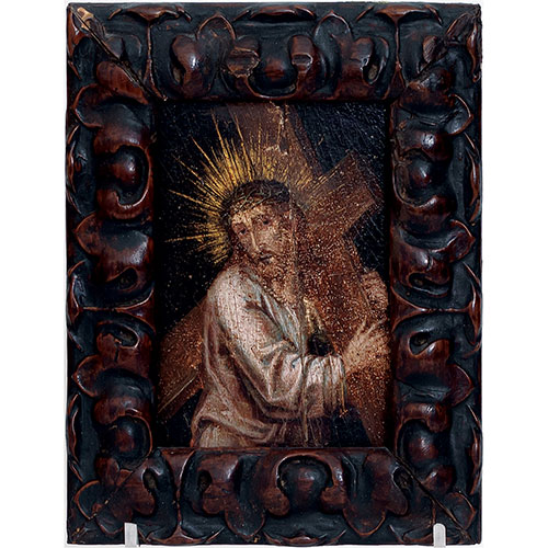 Sub.:23 - Lote: 1102 - ESCUELA HISPANO-FLAMENCA S.XVI Miniatura de Cristo con la cruz a cuestas
