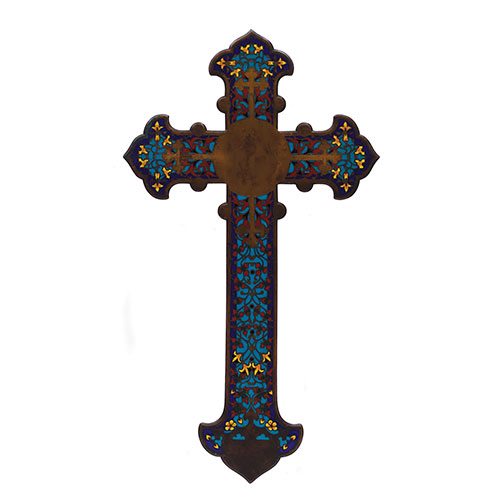 Sub.:23 - Lote: 323 -  Cruz con forma de flor de lys realizada en cobre con esmaltes. Pricipios del siglo XIX