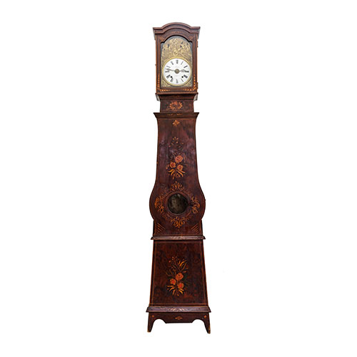 Sub.:24 - Lote: 287 -  Reloj Moret con caja de madera pintada con motivos florales. Con pesas y p�ndulo.